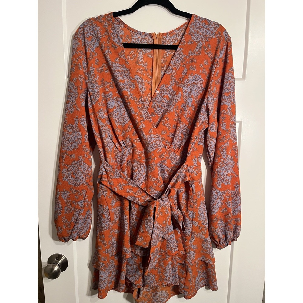 Womens Orange Blue Floral Long Sleeve Wrap Romper Ruffle Tie Waist V Neck Large